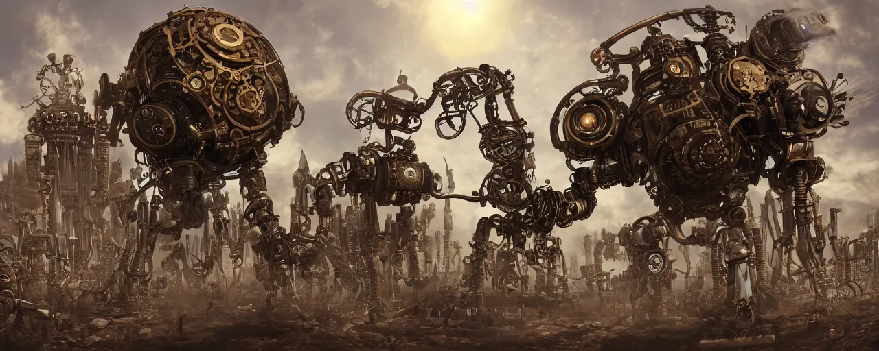 Prompt: steampunk robots invade earth, trending on artstation, 8K, ultra wide angle, pincushion lens effect