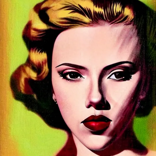 Image similar to “Scarlett Johansson portrait, color vintage magazine illustration 1950”