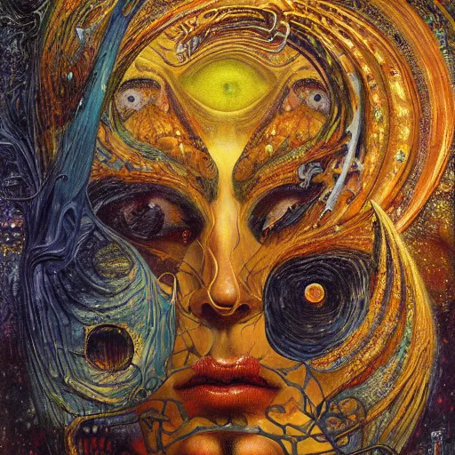 Image similar to Visions of Hell by Karol Bak, Jean Deville, Gustav Klimt, and Vincent Van Gogh, visionary, otherworldly, fractal structures, ornate gilded medieval icon, third eye, spirals