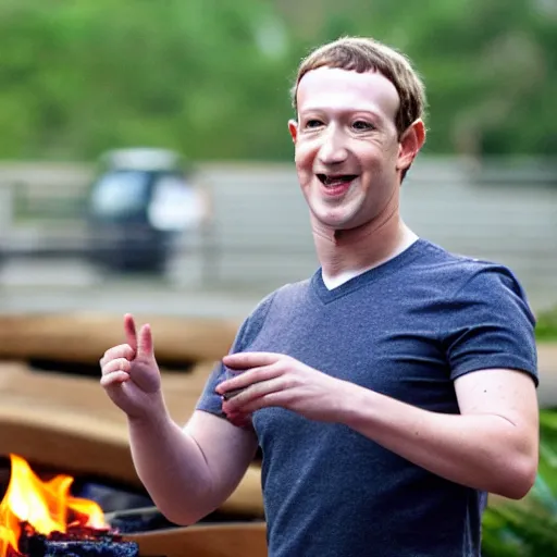 Image similar to mark zuckerberg throwing a circular wooden coaster into a fire