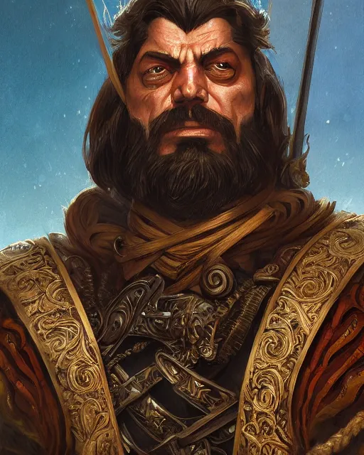 Prompt: digital painting of an angry hernan cortes by filipe pagliuso and justin gerard, symmetric, detailed, intricate, portrait, digital painting, sharp focus, tarot card, handsome, concept art, alluring