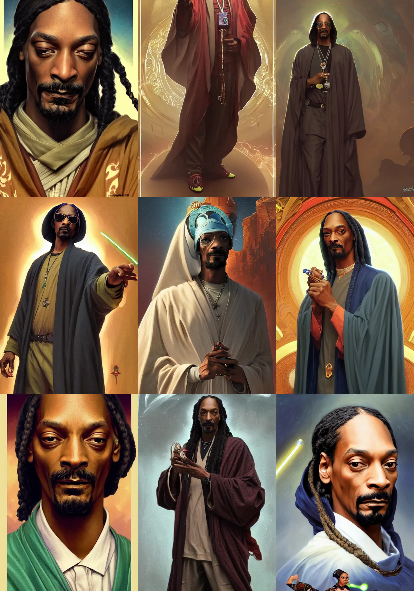 Prompt: snoop dogg as a jedi, intricate, elegant, highly detailed, digital painting, artstation, concept art, smooth, sharp focus, illustration, art by artgerm and greg rutkowski and alphonse mucha and william - adolphe bouguereau