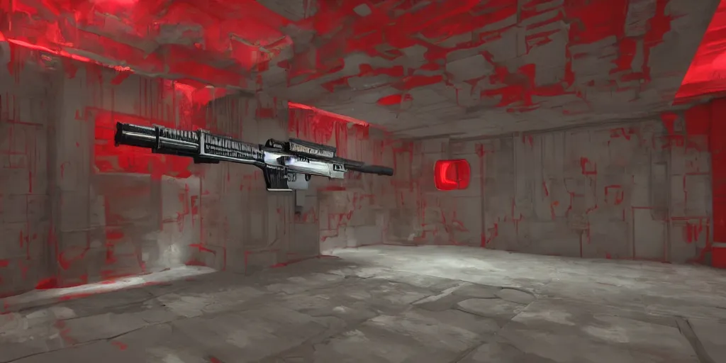 Image similar to red hazmat holding a minimalist shotgun, in an underground facility, sterile, MC Escher style architecture, human farm, action shot, cinematic, unreal engine, concept art