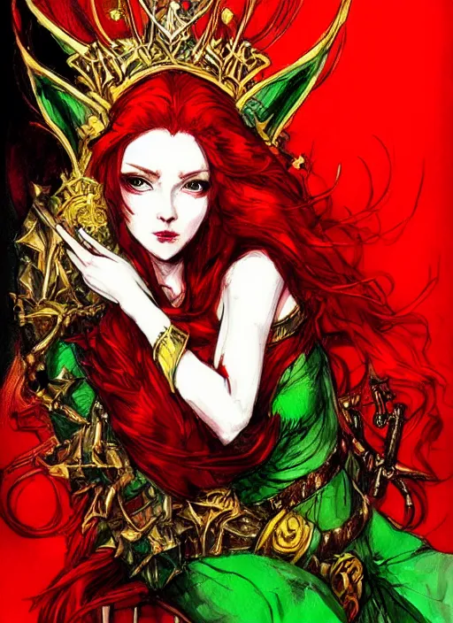 Image similar to Half body portrait of a beautiful red haired elven queen in red and green dress with golden crown sitting on a throne with haughty look. In style of Yoji Shinkawa, dark fantasy, great composition, concept art, brush strokes.