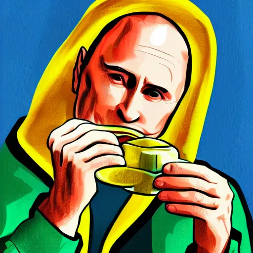 Image similar to a person looking like vladimir putin eating piccolo with sponch bob, digital painting