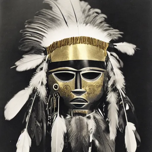 Prompt: vintage photo of futuristic native american shaman mask with chrome scales and gold feather plumes by edward s curtis