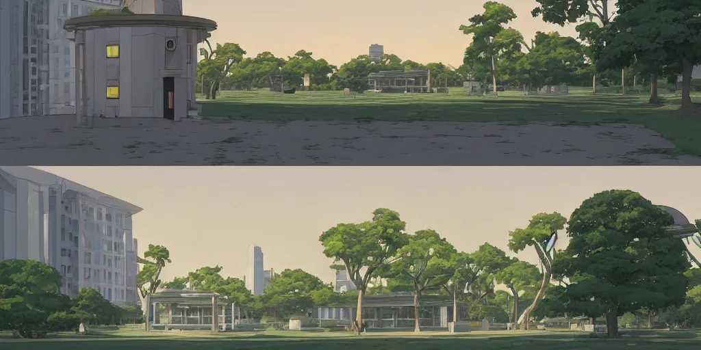 Prompt: A solarpunk round white sci-fi building in a city park, by Studio Ghibli and Edward Hopper