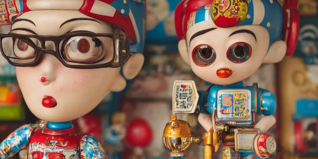 Image similar to closeup portrait of tin toy retro tokyo corner store, depth of field, zeiss lens, detailed, centered, photoshoot, by nicoletta ceccoli, mark ryden, lostfish, breathtaking, 8 k resolution, extremely detailed, beautiful, establishing shot, artistic, hyperrealistic, octane render, - h 8 0 4