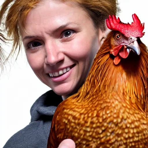 Image similar to A realistic image of a very sas woman holding a rooster in her hands, ultra high detail, 8k.