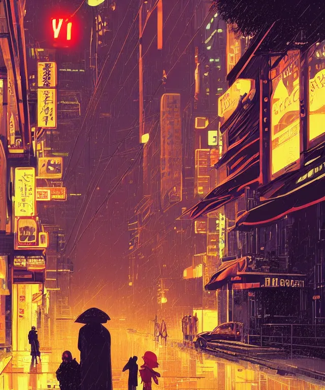 Prompt: big red robot waiting in street from paris or neo tokyo , humid ground, people and creatures walking holding neon ombrellas, volumetric light, bokeh light from top, science fiction elements, rainy mood, artstation, art by françois schuiten and moebius and pascal campion