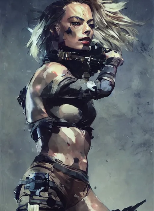 Image similar to Margot Robbie wearing metal gear armor holding revolver dramatic lighting art by Yoji Shinkawa by Richard Schmid by greg rutkowski by Sandra Chevrier by Jeremy Lipking cinematic dramatic