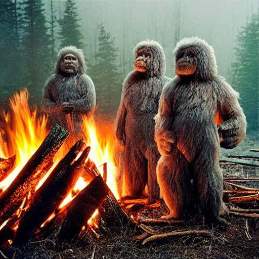 Image similar to Highly detailed, photorealistic, family of Yetis around a bonfire, by Gregory Crewdson