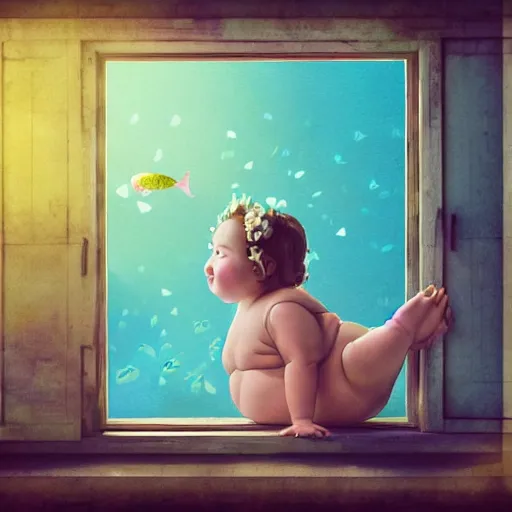 Prompt: the same style. the most beautiful little fat sweet girl is kissing a huge colorful cute fish. modern etching. colored print. hype realistic scene. old photography style. studio lighting. window. 3 d, octane render, deep focus