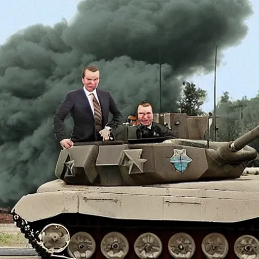 Prompt: medvedev rides a tank to georgia, photo in color