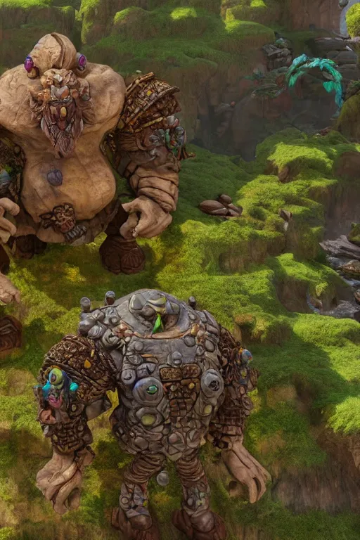 Image similar to zelda fantasy art giant golem troll wood rock greeble gemstone, global illumination ray tracing hdr fanart arstation by sung choi and eric pfeiffer and gabriel garza and casper konefal