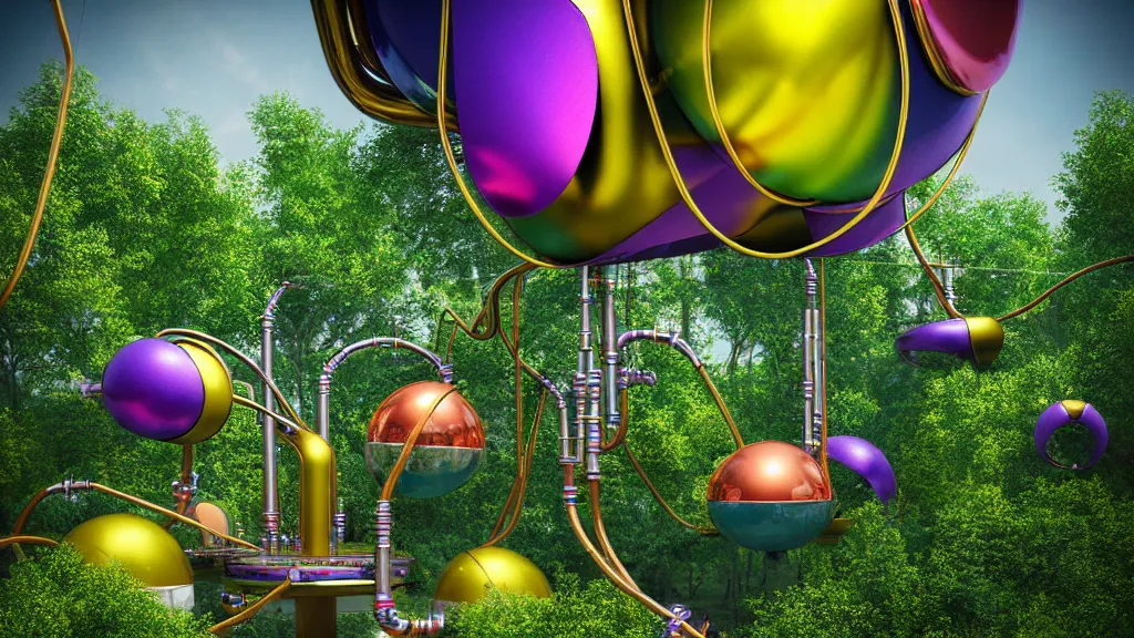 Image similar to large colorful futuristic space age metallic steampunk balloons with pipework and electrical wiring around the outside, and people on rope swings underneath, flying high over the beautiful countryside landscape, professional photography, 8 0 mm telephoto lens, realistic, detailed, digital art, unreal engine