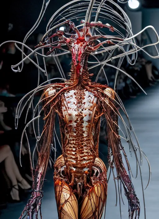 Image similar to walking down the catwalk, ben watts, show, stage, vogue photo, podium, fashion show photo, iris van herpen, beautiful woman, full body shot, helmet on face, masterpiece, plant predator, guyver, jellyfish, biomechanical details, movie still, fauvism, cinestill, bokeh, gelios lens