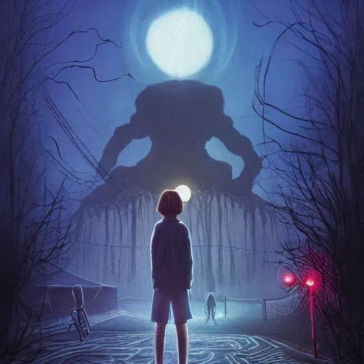 Image similar to Stranger Things, Eleven standing in front of the gargantuan Mind Flayer from Stranger Things, stunning atmosphere, in Style of Peter Mohrbacher, moody night lighting