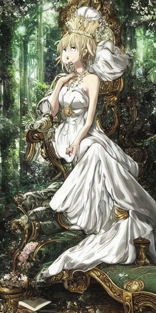 Image similar to an highly detailed magical empress sitting by herself on a sofa in a forest wearing a white robe drawn by cloverworks studio, elegant, beauty, tarot card,