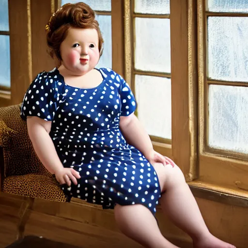 Image similar to charming and chubby girl, wearing a polka dot dress and a victorian - style hairdo on her head, sits in the large and bright studio. sunlight enters through the barred window. very realistic shiny skin. subsurface scattering shiny skin. beautiful lighting, 4 k post - processing, highly detailed, 5 k extremely detailed, 3 d. cinematic scene.