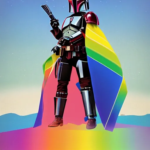 Prompt: the mandalorian wearing a pride cape in a pride parade by ilya kuvshinov katsuhiro otomo