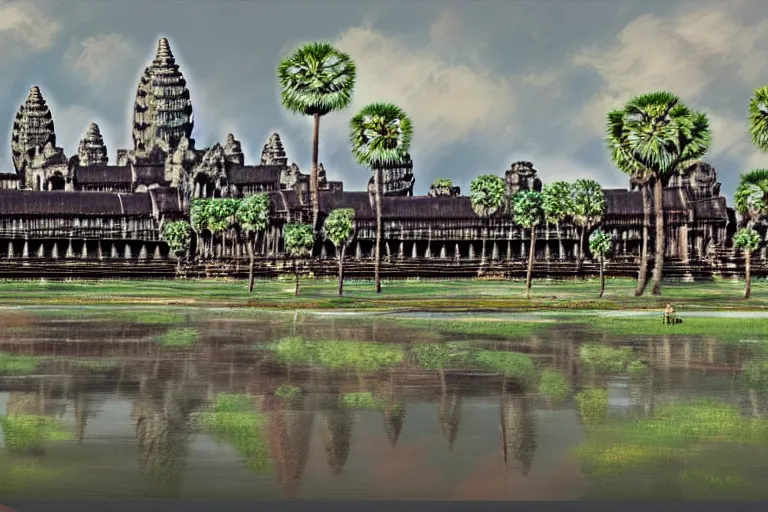 Prompt: angkor wat in the middle of a busy town, concept art, digital painting, artstation