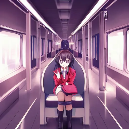 Image similar to portrait of the lone girl sitting in an empty train carriage, anime fantasy illustration by tomoyuki yamasaki, kyoto studio, madhouse, ufotable, trending on artstation