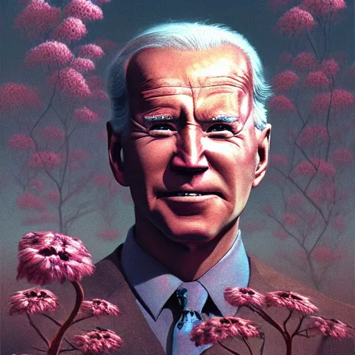 Image similar to a terrifying nature organic portrait of a joe biden!!! natural lighting art dawn. highly detailed. colourful. moody. artstation, 4 k, by gerald brom zdzisław beksinski, and ansel adams and studio ghibli, horror, lots of sakura flowers, lovely, desperate