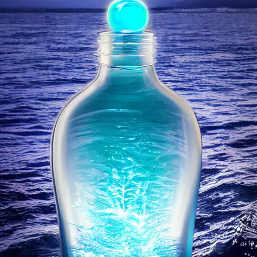 Prompt: water artwork in the shape of a human head stuffed in a bottle, on the ocean water, futuristic, glowing, gradient, hyper realistic, ray tracing, realistic water, sharp focus, long shot, 8 k resolution, cinematic, photoshop water art