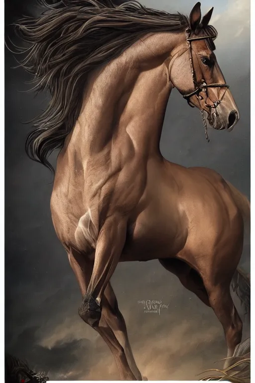 Image similar to 3 quarter view photography portrait of a prince stalion horse , organed, tatooed, intricate details, muscles, elegant, divine, illustrated by greg rutkowski and Akira Saito and Peter mohrbacher, 4k,