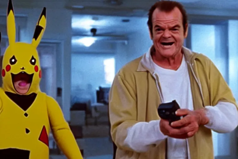 Prompt: Jack Nicholson plays Pikachu Terminator, action scene where he shoots from his gameboy