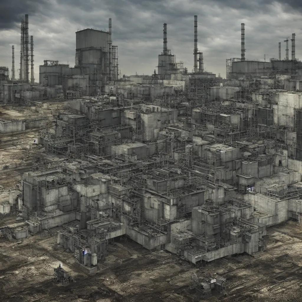 Image similar to radioactive pollution, chornobyl nuclear power plant, people with gas masks, soviet brutalism, dieselpunk, industrial, very detailed, diesel, 4 k