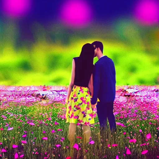 Image similar to a couple holding hands in a field of flowers, symmetrical face, beautiful, vfx, photo realistic, 8 k, aesthetic
