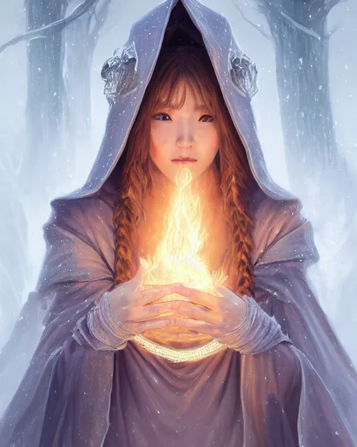 Prompt: beautiful cottagecore mage chungha opening a portal gate, heavy hooded cloak, blonde braided hair, mountain, fantasy character portrait, ultra realistic, intricate, elegant, highly detailed, digital painting, artstaion, smooth, sharp, focus, illustration, art by artgerm and greg rutkowski and alphonse mucha