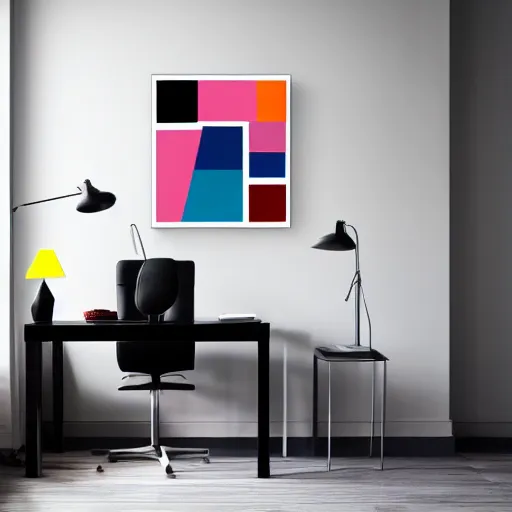 Prompt: a modern abstract painting with a light background that contains contrasting geometric shapes featuring a variety of colors. the theme is playfully urban. subtle morning light in a modern office with white walls.