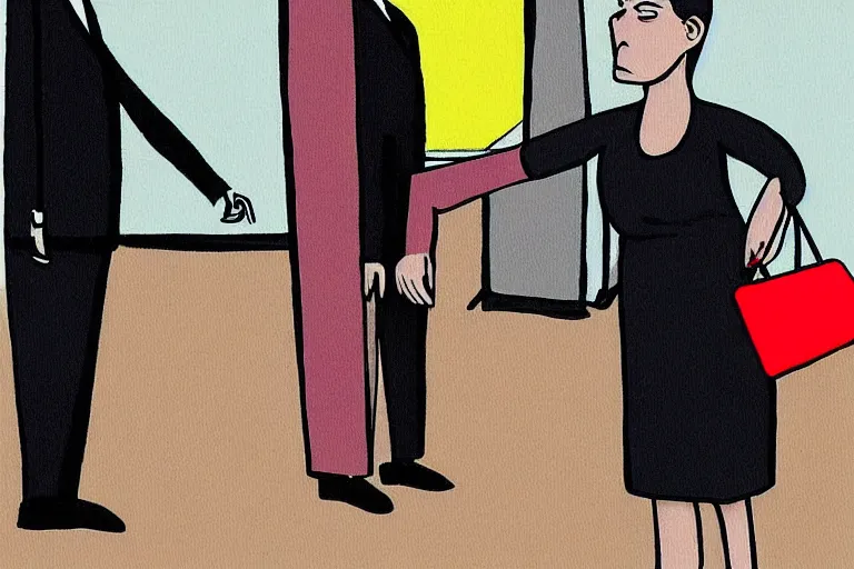 Image similar to tall, security guard checks the bags of a worried looking woman, art, satire