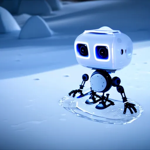 Image similar to a cute little robot is made of ice. super realistic 8 k render of a elegant, cinematic composition