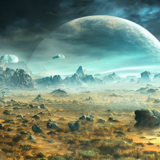 Prompt: An exotic alien world in a panoramic view, cinematic perspective, 8k, photo realistic, Detailed atmospheric, Blue sky, cloudy, volumetric lighting