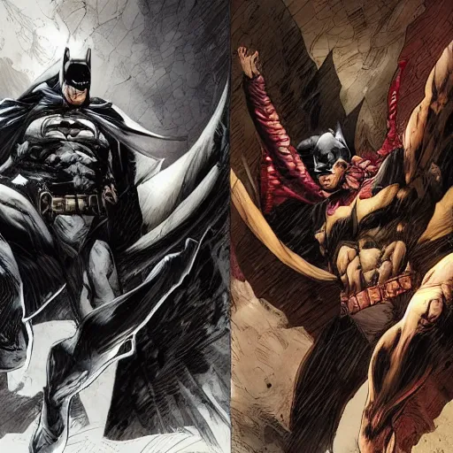 Image similar to comic book cover art of batman by lee bermejo and greg rutkowski