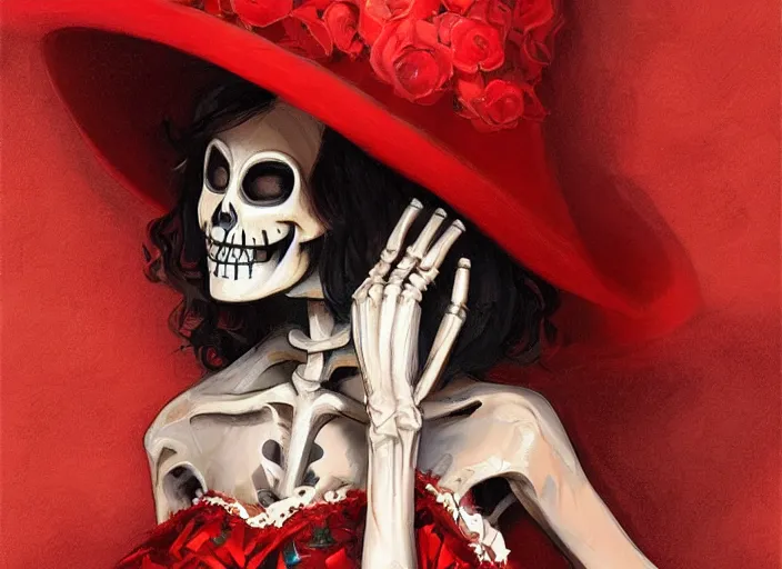 Image similar to cute & beautiful smiling mexican undead skeleton girl wearing a sombrero and a wide red dress, elegant, digital art, fantasy, pixar style, painting, pin up, highly detailed, artstation, art by artgerm, vrubel and boris vallejo