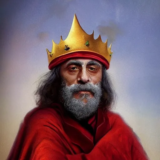 Image similar to stoner King Tommy Chong wears a doublet whilst wearing a red velvet cape and golden crown edward julius detmold jehan choo jeff simpson arkhip kuindzhi raphael lacoste guillem h. pongiluppi grisaille