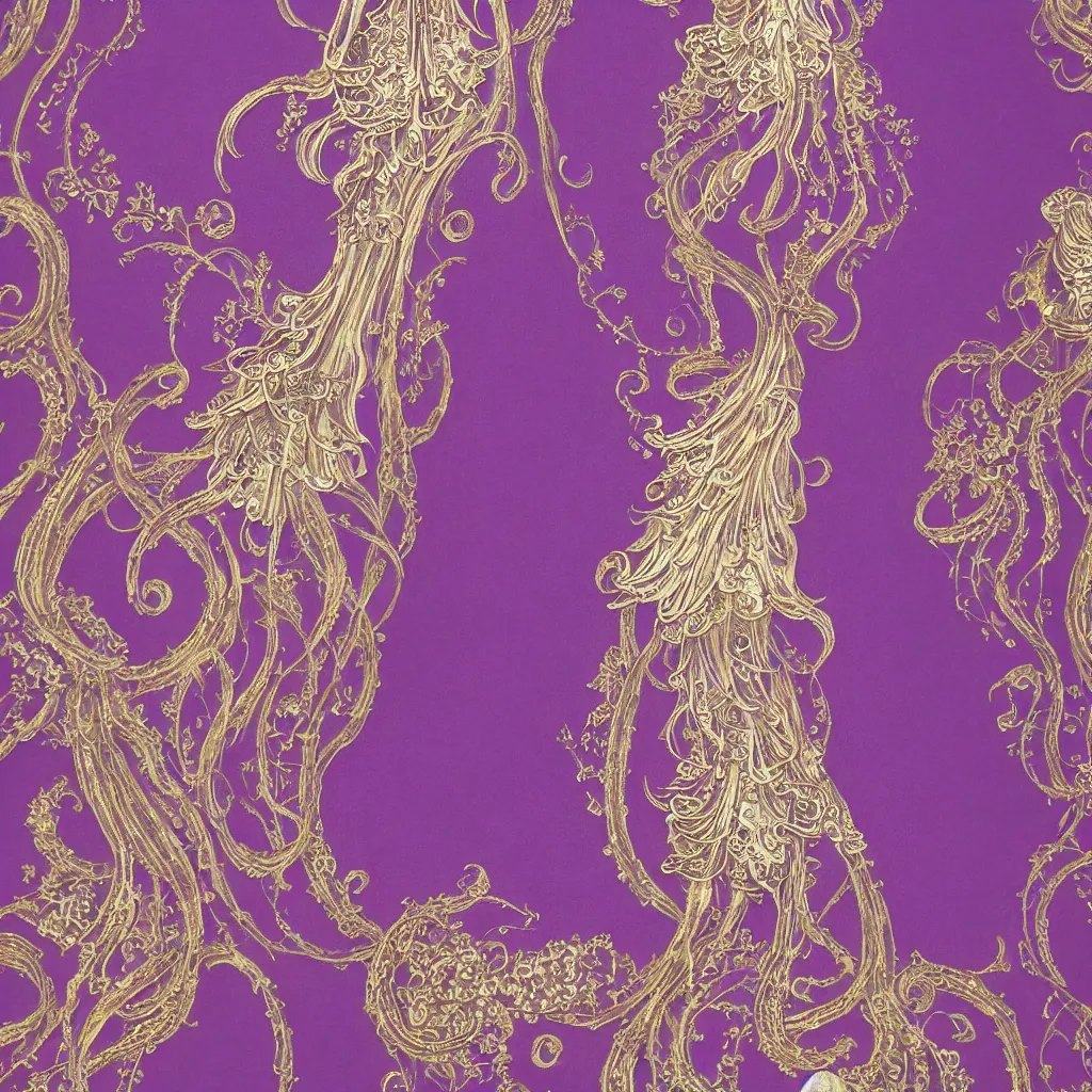 Image similar to purple dress design in the style of rococo ,Victorian era，jellyfish element,Gold lace element,dreamy, soft ,Backlight ,luminescence,Aetherpunk,highly detailed,8k