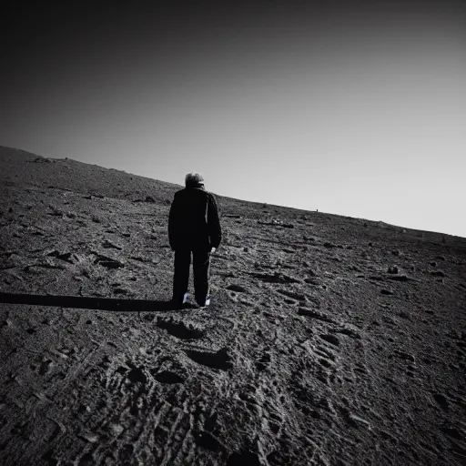 Image similar to elderly man lost on the lunar surface, canon eos r 3, f / 1. 4, iso 2 0 0, 1 / 1 6 0 s, 8 k, raw, unedited, symmetrical balance, wide angle