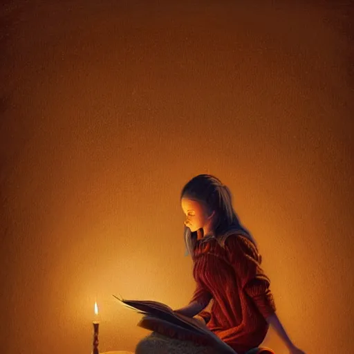 Image similar to village girl reading a book, candle light, highly detailed, digital painting, artstation, concept art, art by artgerm and Johfra Bosschart