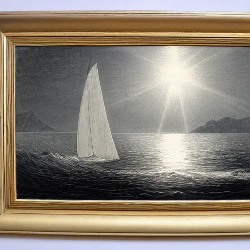 Image similar to sailboat on a lake, gustave dore lithography