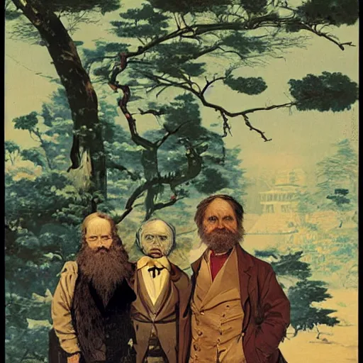 Prompt: portrait of charles darwin with human species from the future, hanafuda oil on canvas by ivan shishkin, james jean and yoji shinkawa