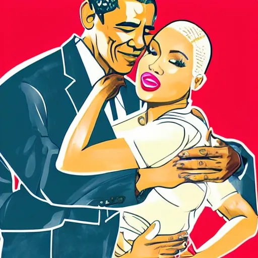 Prompt: nicki minaj hugged by barack obama from behind, soviet colored propaganda poster, highly detailed illustration