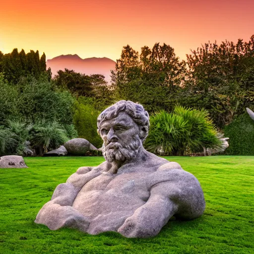 Prompt: a granite sculpture garden by Michelangelo on a green lawn, distant mountains, golden hour, 8k, DSLR Camera, Enormous creatures augment my desire