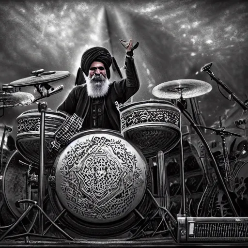 Image similar to khomeini playing drums in heavy metal band in heaven, high definition, trending on artstation, unreal engine, photorealistic, high resolution,, trending on deviantart, hdr, hyper detailed, insane details, intricate, elite, ornate, elegant, luxury, dramatic lighting