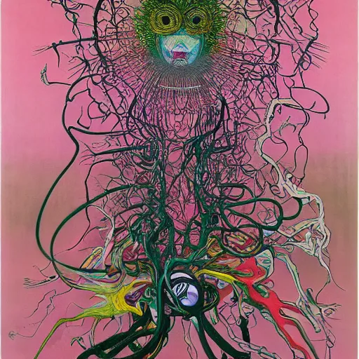 Image similar to Pink Vines by Takashi Murakami, Jean-Michel Basquiat, H.R. Giger, David Choe and Zdzisław Beksiński, incredibly intricately detailed artwork, oil on canvas